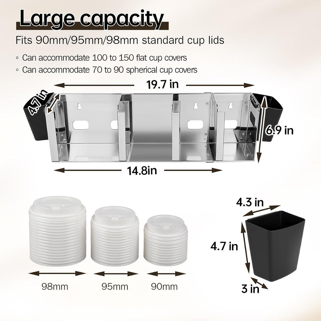 Stainless Steel Cup and Lid Holder, 4-Compartment Cup Dispenser