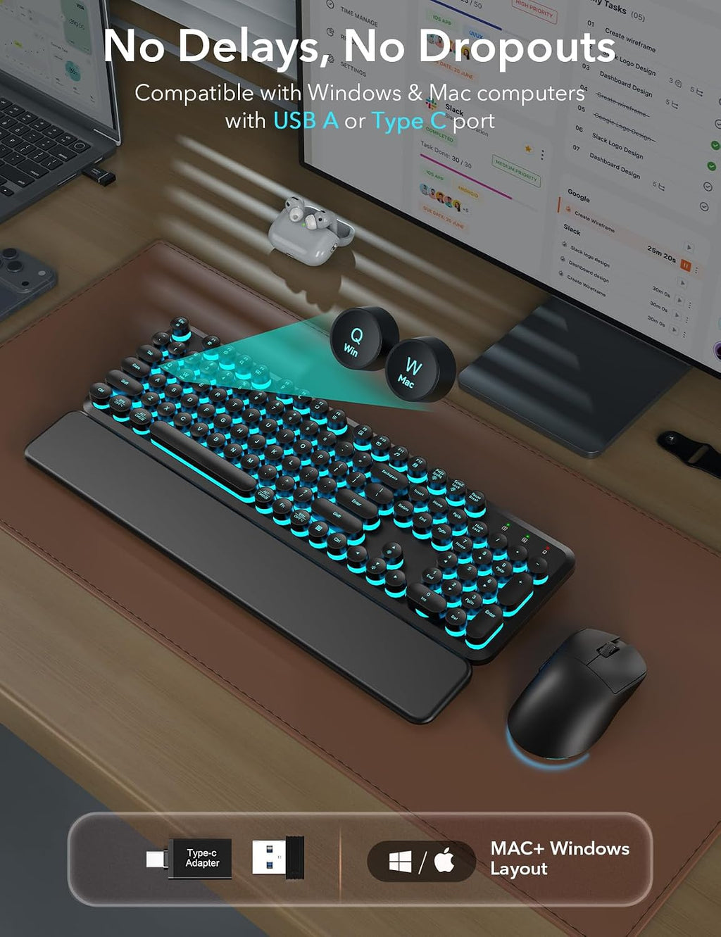 Wireless Keyboard and Mouse Backlit - Typewriter Keyboard with Magnetic Wrist Rest, Retro Round Keys, Light Up