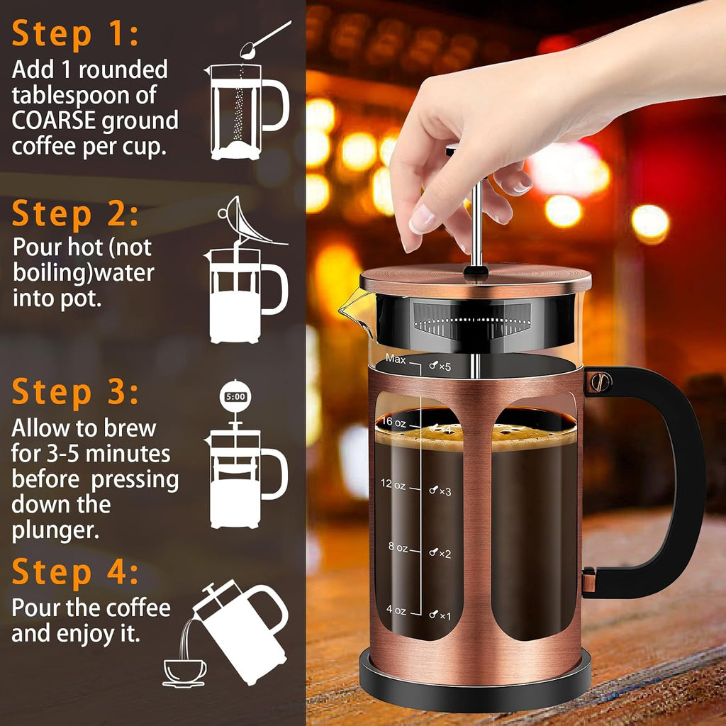 French Press Coffee Maker (21oz 600ML 3-4Cup) Coffee Press, with 4 Filters System, Heat Resistant Thickness