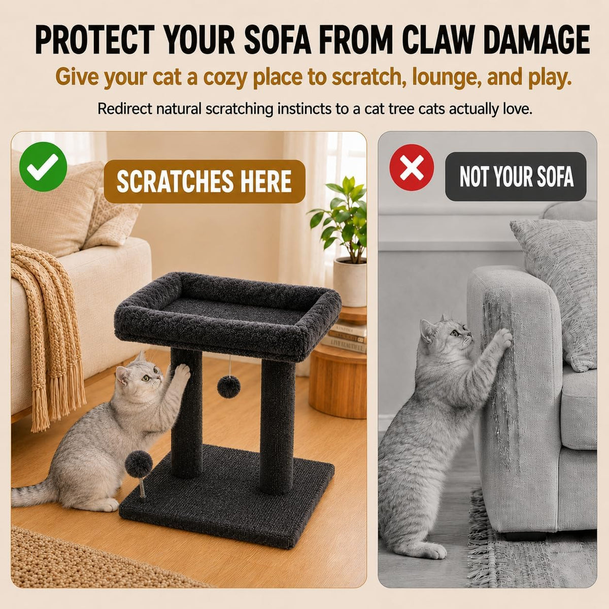Small Cat Tree with Large Top Perch for Indoor Cats, Grey