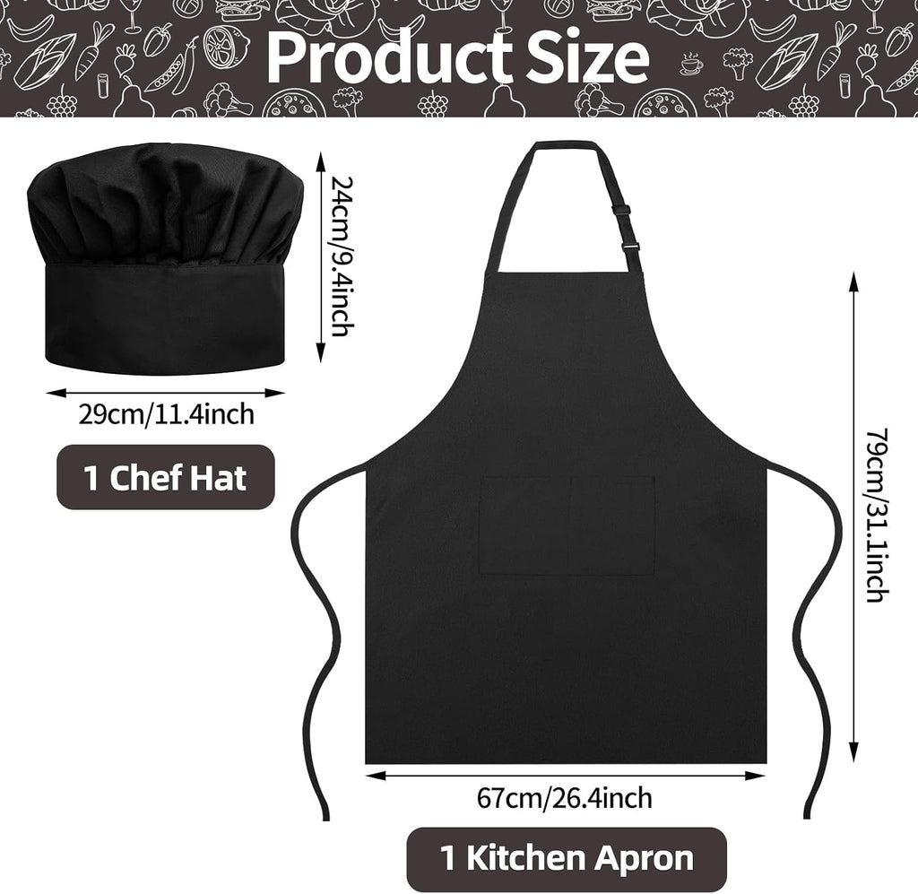 Chef Apron and Hat Set, Chef Hat and Kitchen Apron with Front Pockets for Adult