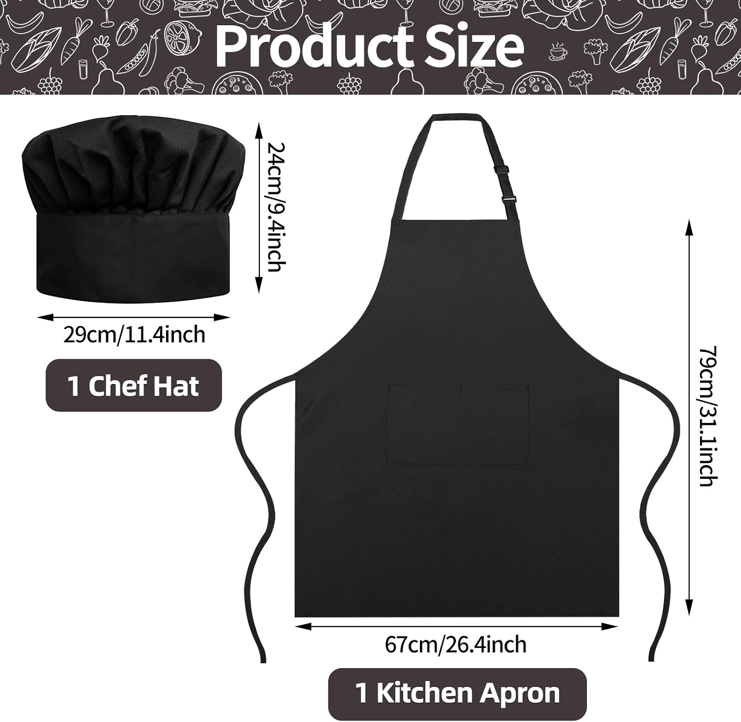 Chef Apron and Hat Set, Chef Hat and Kitchen Apron with Front Pockets for Adult