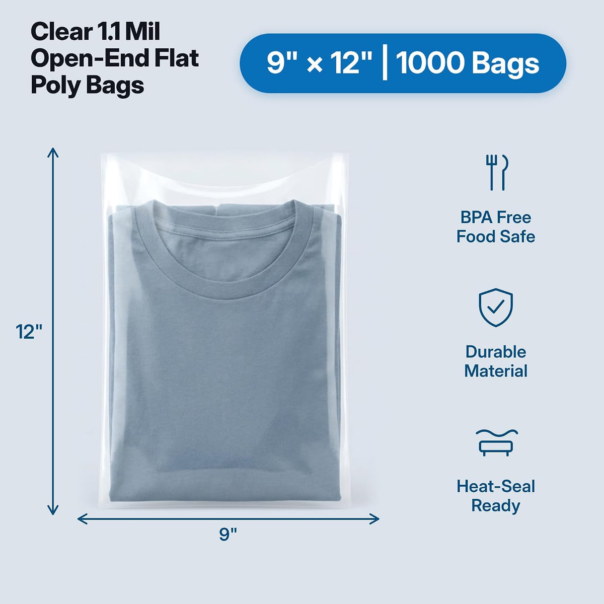 9" X 12" Open-End Flat Clear Poly Bags (1000 Count) - 1.1 Mil Plastic