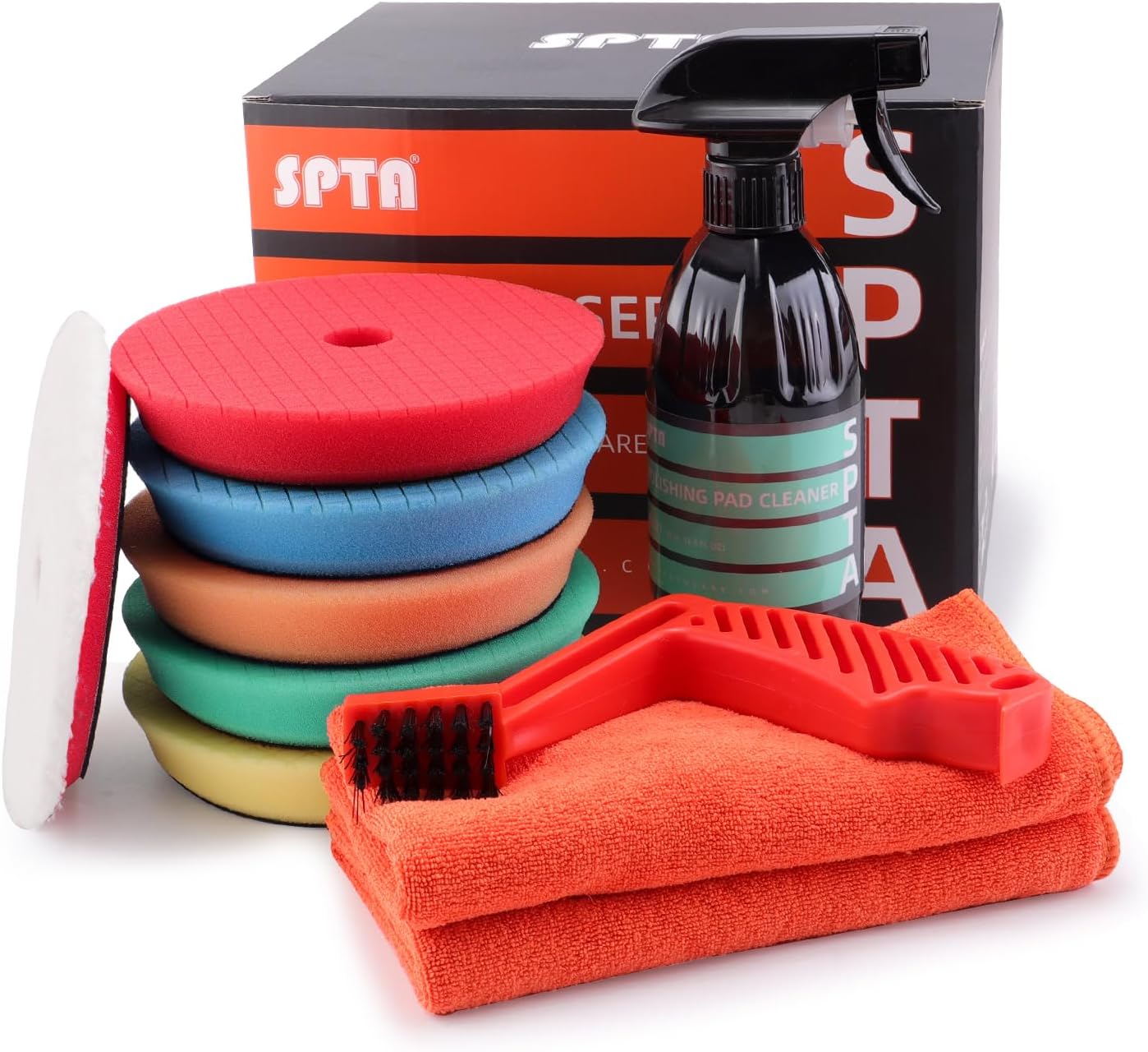10 Pcs Detailing Set, 5Pc 5 inch Buffing Polishing Pads, 1 Microfiber Finish Pad, 1-16 oz Polishing Cleaner, 1