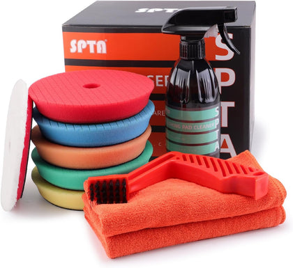 10 Pcs Detailing Set, 5Pc 5 inch Buffing Polishing Pads, 1 Microfiber Finish Pad, 1-16 oz Polishing Cleaner, 1