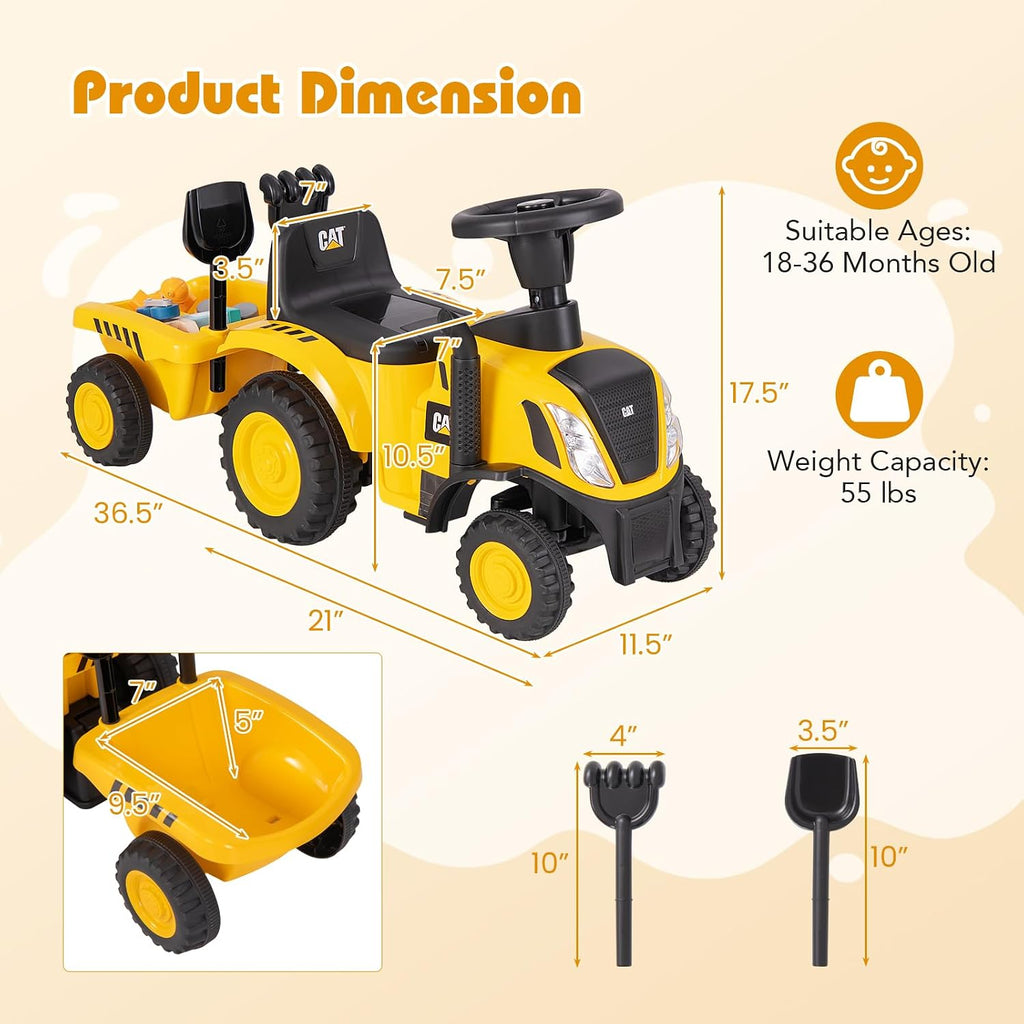 Ride on Tractor, 2-in-1 Licensed Caterpillar Ride On Push Car for Toddlers, Detachable Trailer, Horn, Engine Sound
