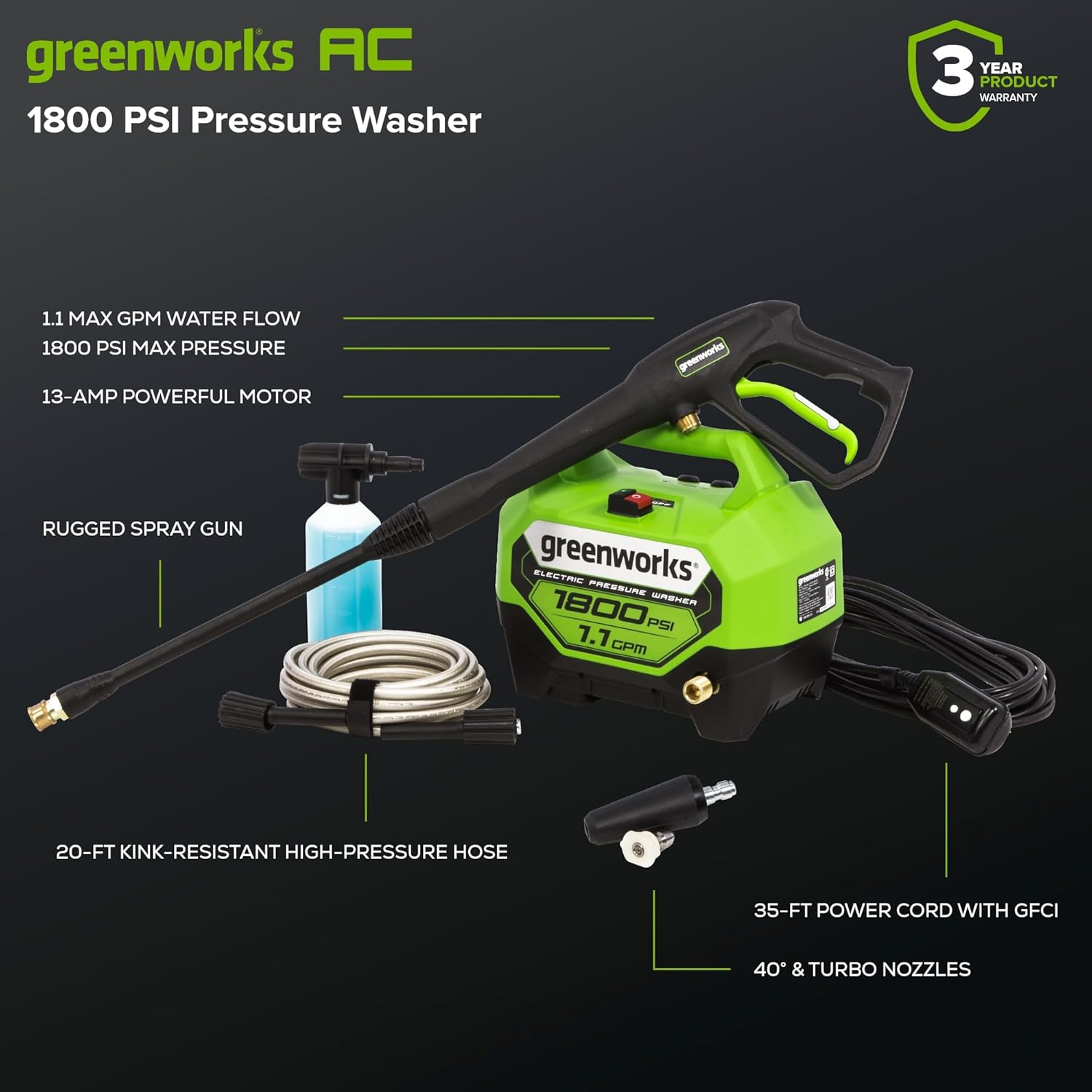 1800 PSI (1.1 GPM) Electric Pressure Washer PWMA Certified