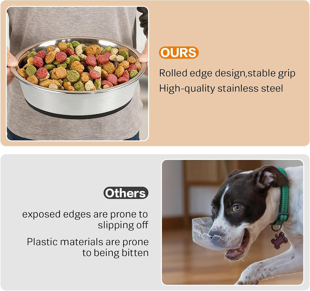Stainless Steel Dog Bowls Set of 2, Extra Thick Metal Bowls, with Non-Slip Rubber Base Dog Bowl, BPA Free, Holds 8