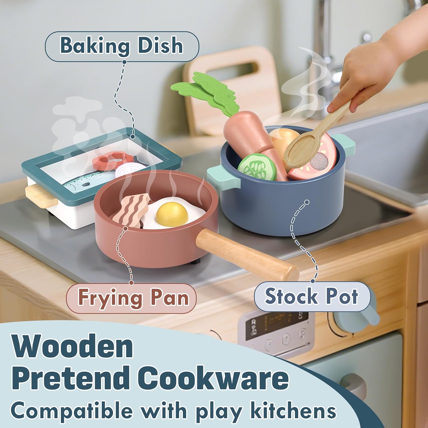 Wooden Play Kitchen Accessories, Play Food for Toddlers 1-3, Toys Pots and Pans for Kids Cooking Set, Pretend Play