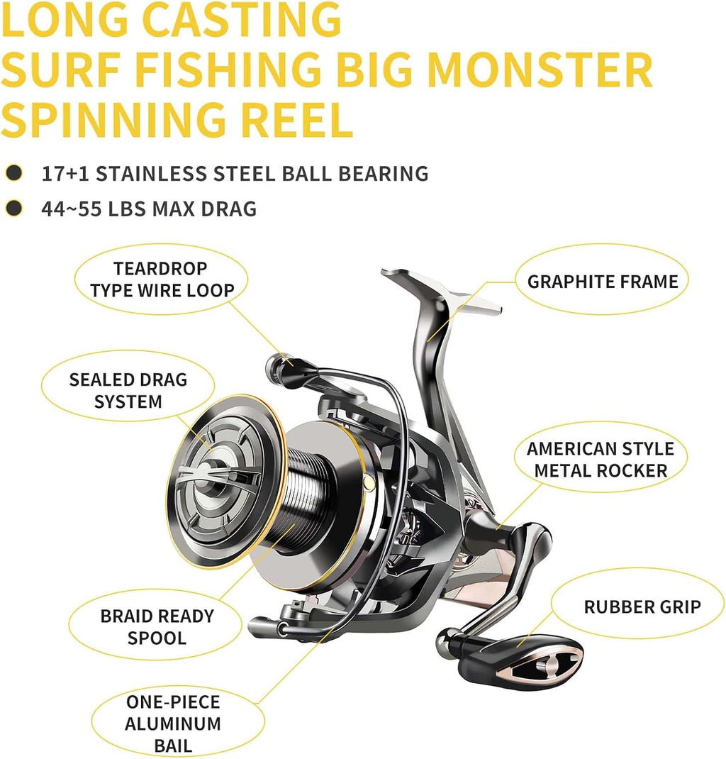 Spinning Reel, 6+1BB Metal Surf Fishing Reels, 55lbs Max Drag | 8000/9000/10000/12000/14000 Series, 4.8:1 Gear Ratio