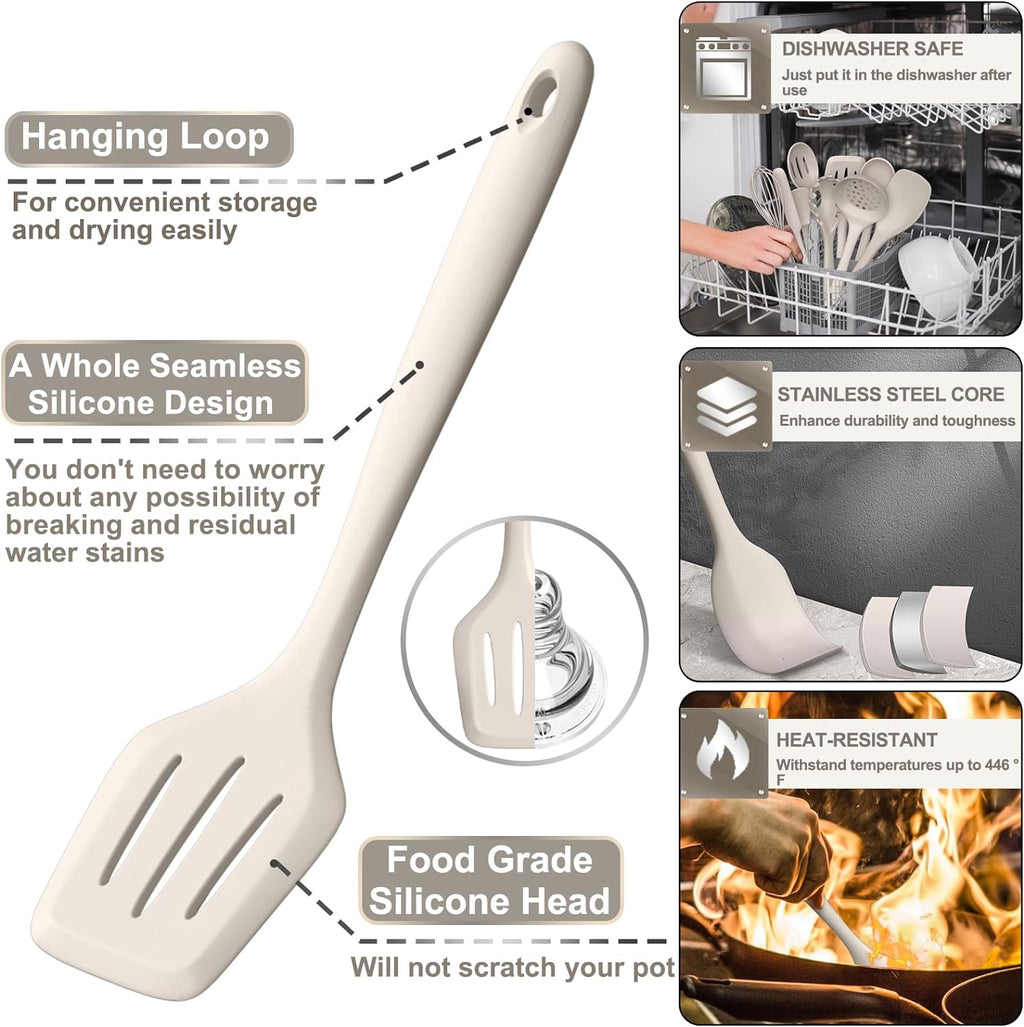 Silicone Kitchen cooking Utensils Set, AIKKIL 43 Pcs Heat Resistant Khaki Cooking Utensils Set, Turner, Tongs, Spoon