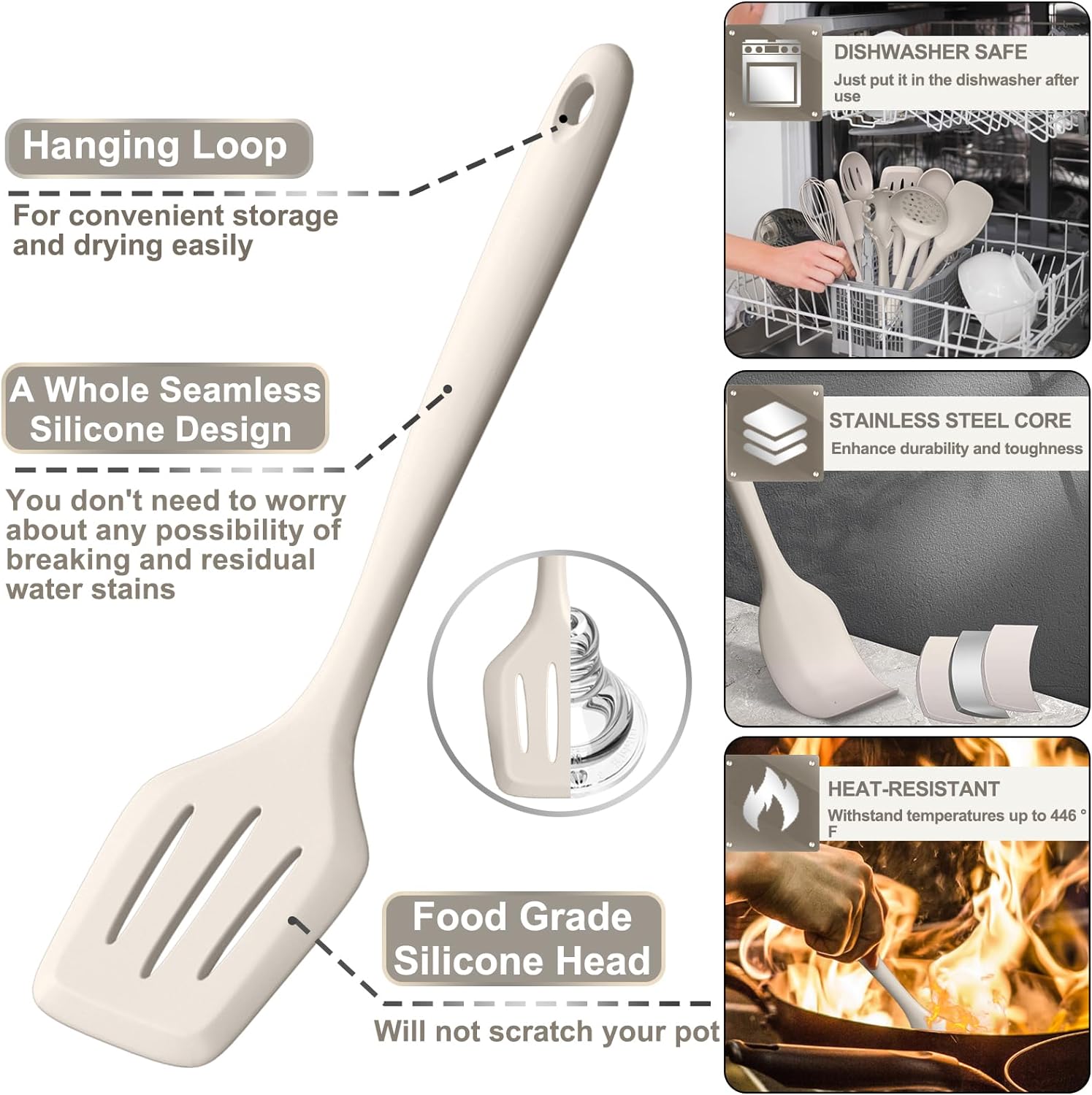 Silicone Kitchen cooking Utensils Set, AIKKIL 43 Pcs Heat Resistant Khaki Cooking Utensils Set, Turner, Tongs, Spoon
