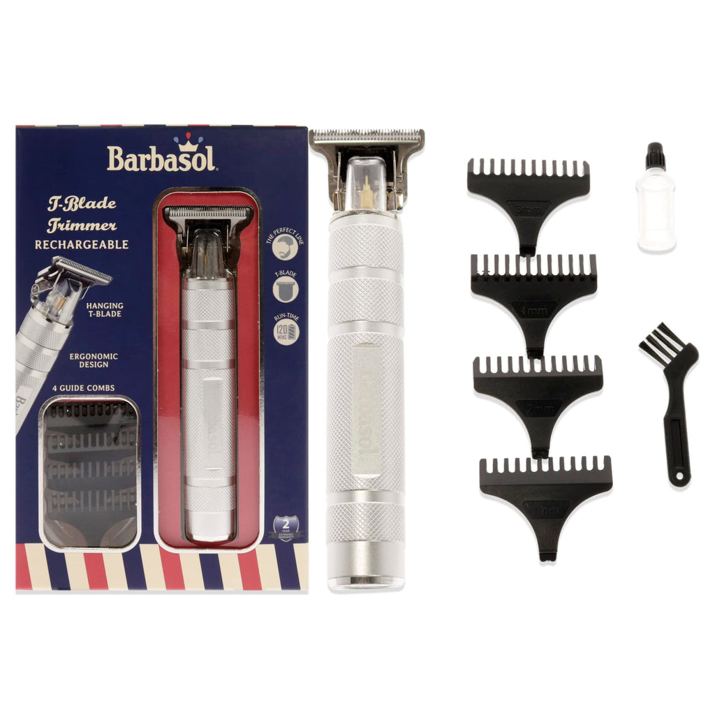 Stainless-Steel Rechargeable Zero-Gapped T-Blade Trimmer, Hanging Blade, 4 Guide Combs