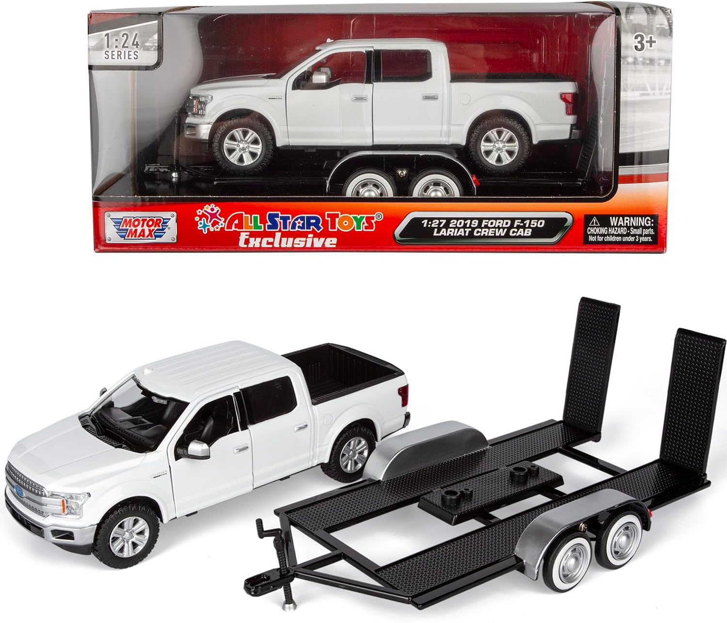 2019 Ford F-150 Lariat Crew Cab Pickup Truck with a Car Hauler, Truck & Tow Trailer Combo - 1/27 Scale Diecast Model