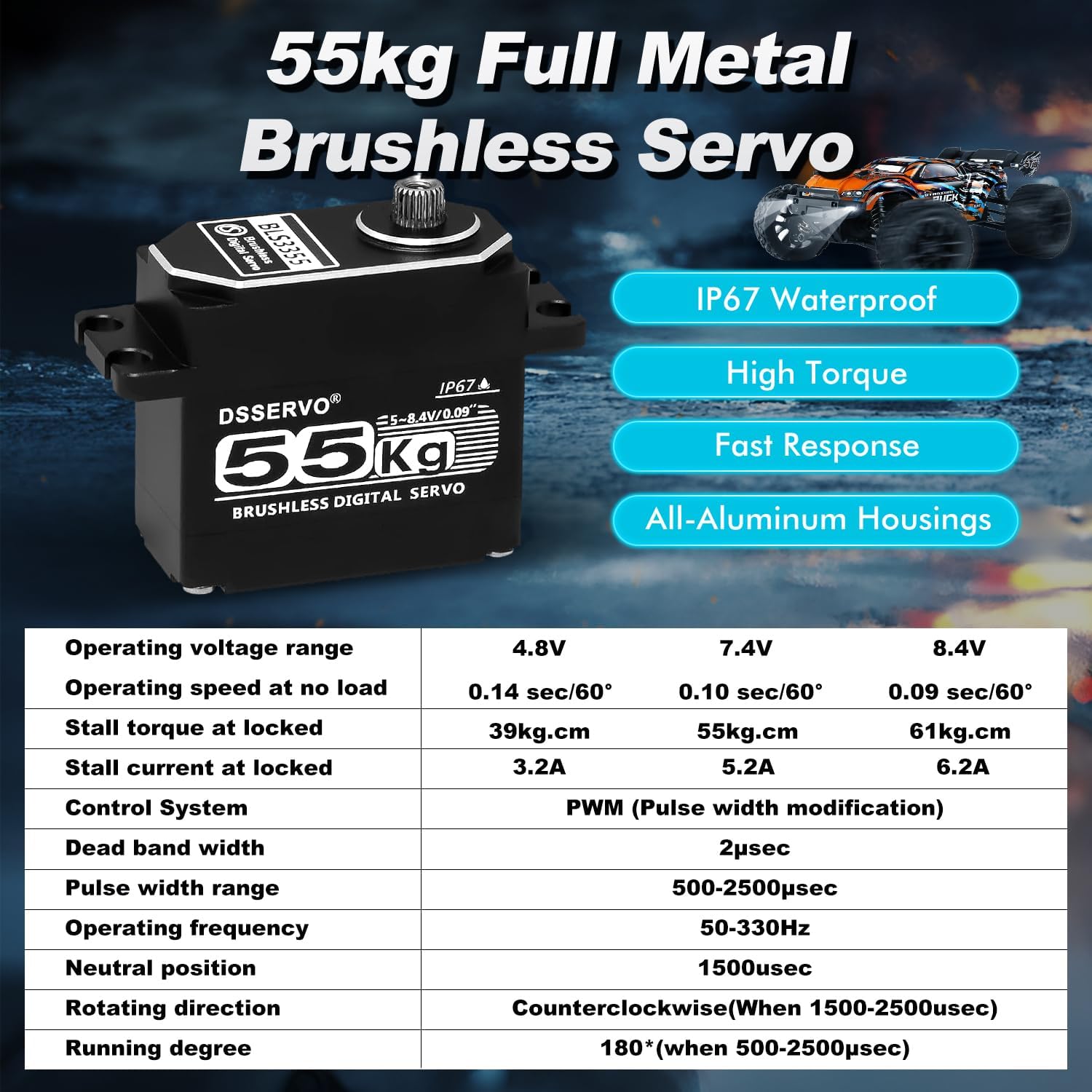 Brushless Servo 55KG Servo Full Metal High Torque Servo Digital RC Servo Motor for TRX4 TRX6 SCX10 III VS4-10 GEN7