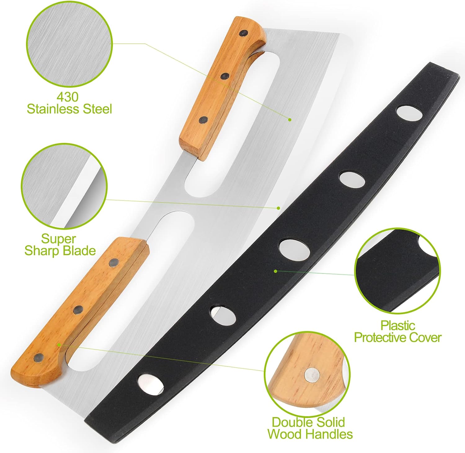 Pizza Cutter Rocker with Wooden Handles & Protective Cover by ZOCY, 14" Sharp Stainless Steel Pizza Slicer Wheel, Big