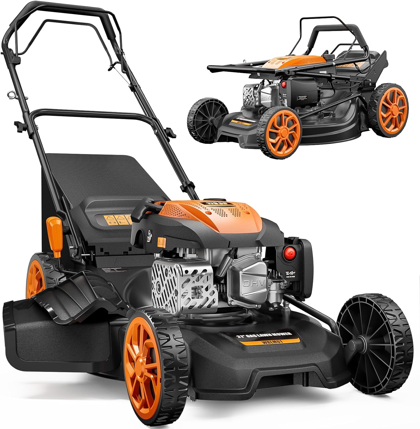 21” Self Propelled Lawn Mower Gas, 170CC 4-IN-1 Mulch/Rear Bag/Side Discharge/Rear Discharge, Walk-Behind Gas
