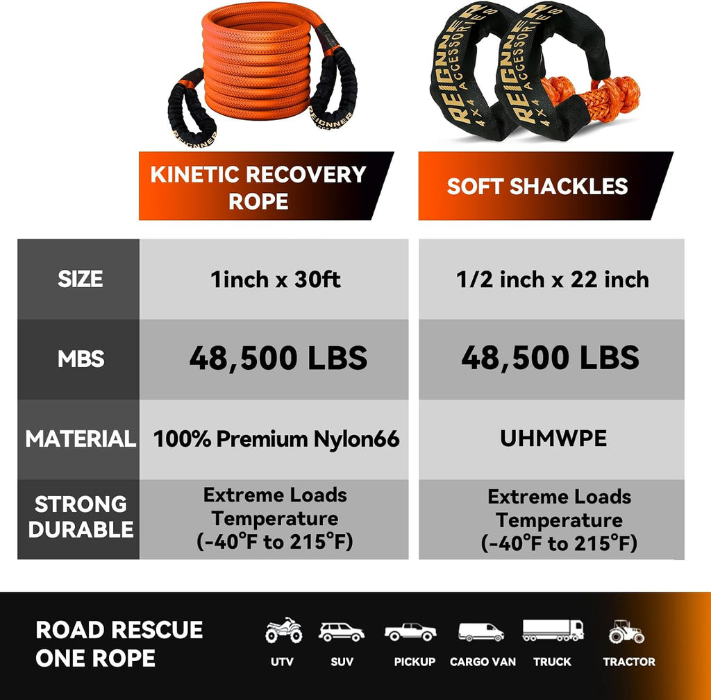 Kinetic Recovery Rope 1" x30ft Tow Rope with Soft Shackles