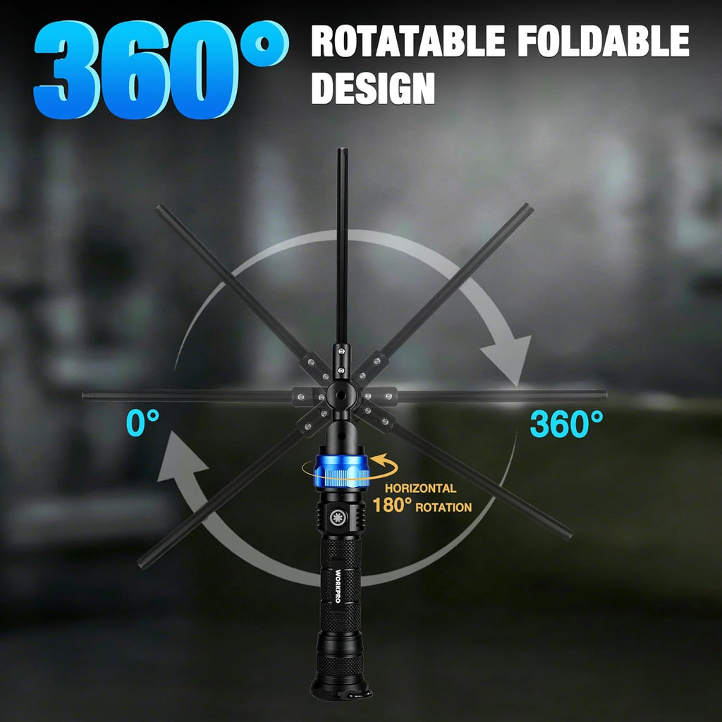 Magnetic LED Work Light, 3200mAh Foldable Rechargeable Flashlight, Mechanic Light with 360° Rotation & Dimming Mode