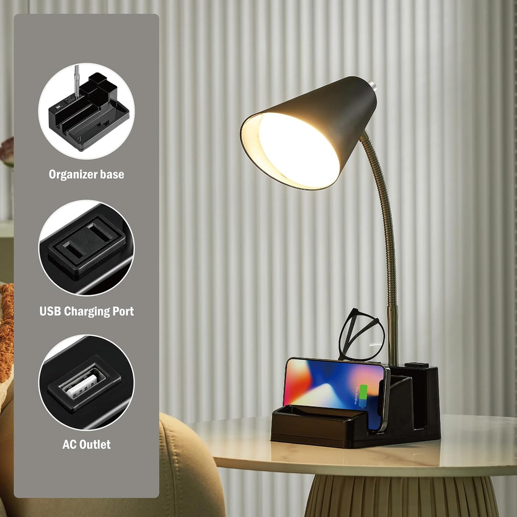 Small Desk Lamps for Home Office, Table Lamp with USB Port and Outlet, Desktop Lamp with Pen Holder, Flexible Neck