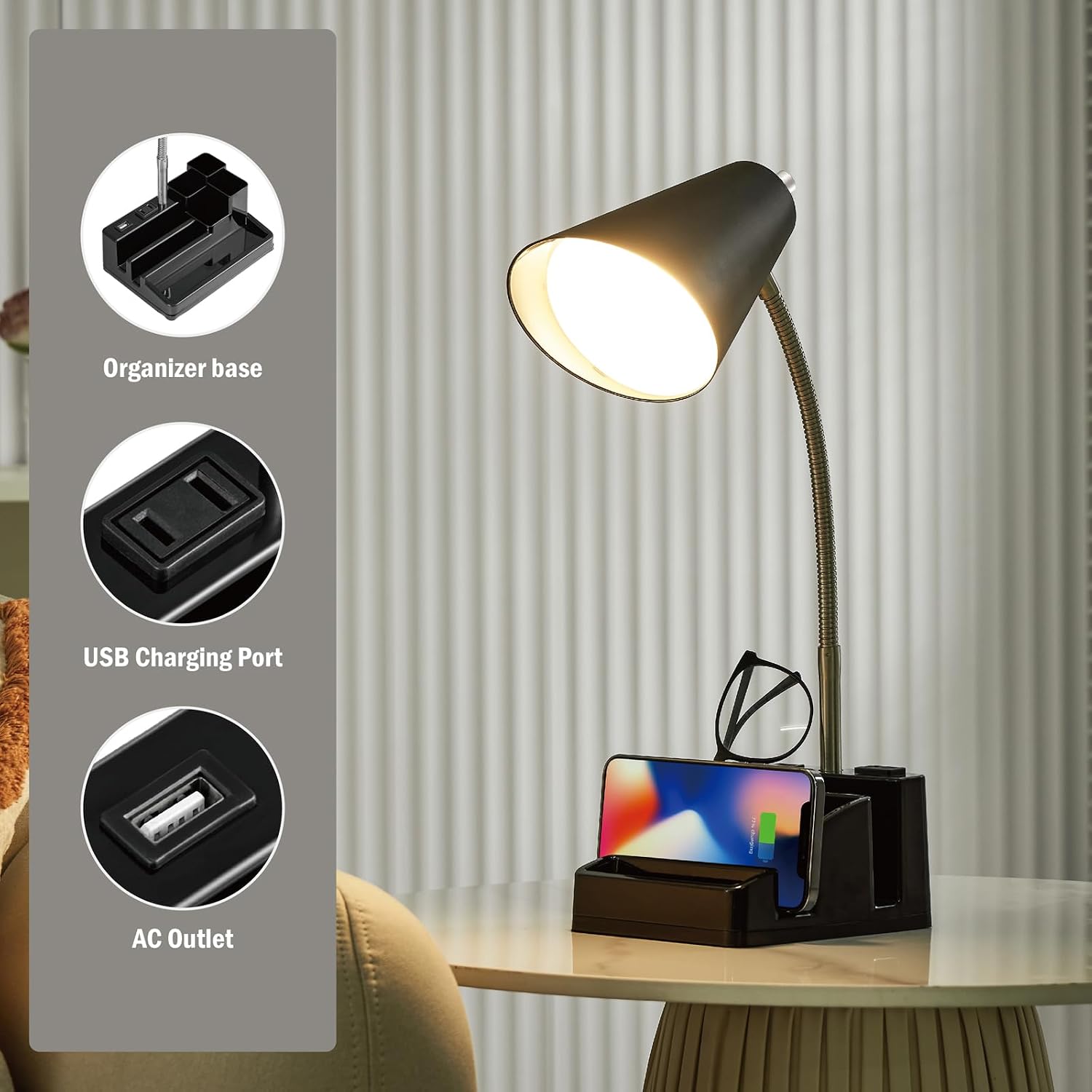 Small Desk Lamps for Home Office, Table Lamp with USB Port and Outlet, Desktop Lamp with Pen Holder, Flexible Neck