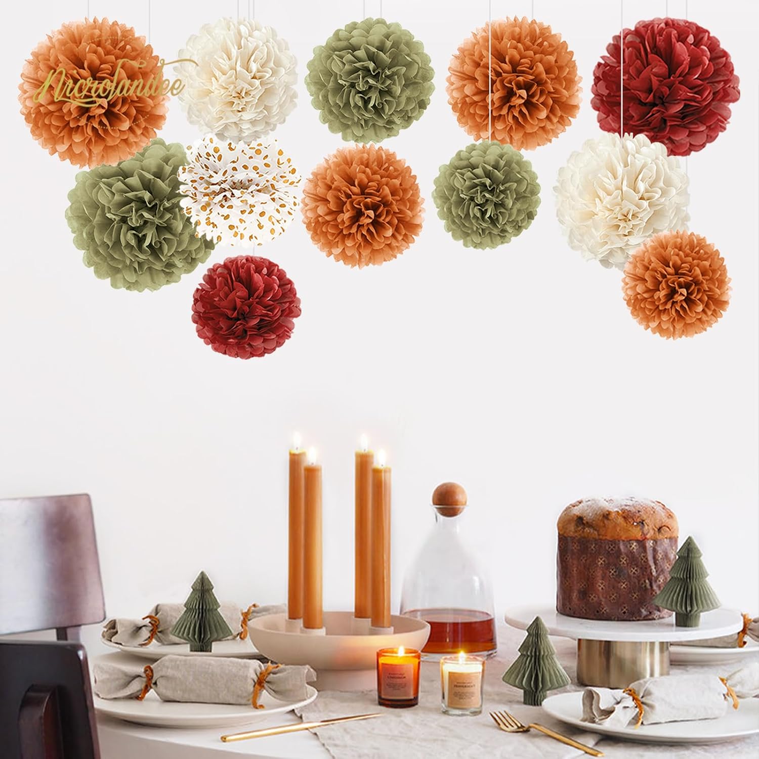 Fall Party Decorations, 12 PCS Pumpkin Orange Burgundy Sage Green Ivory Tissue Pom Poms Thanksgiving Decor for Home
