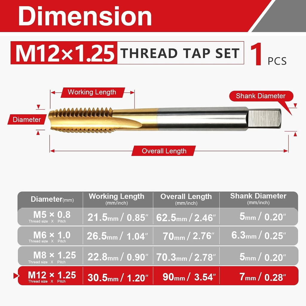 M12 x 1.25 Metric Thread Tap, M2 HSS Right Hand Thread Milling Tap