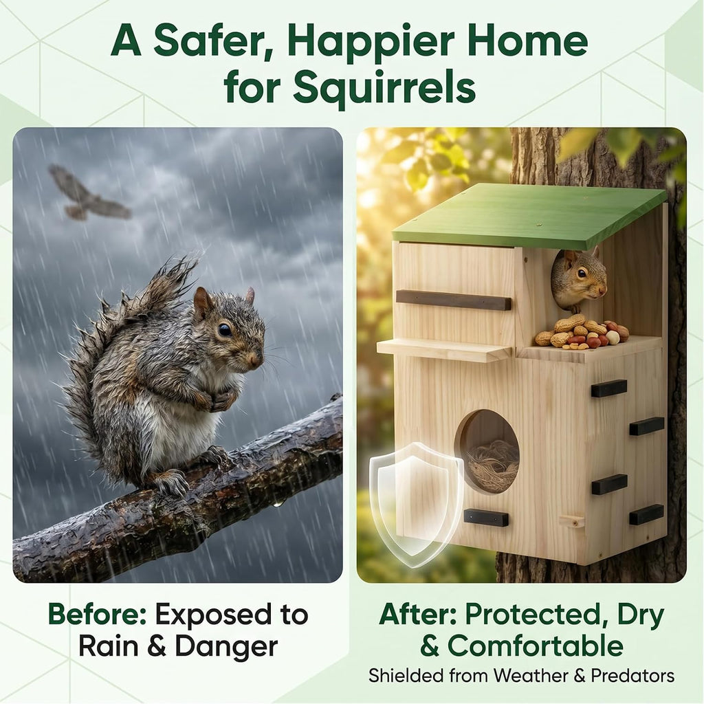 Large Squirrel Houses for Outside, Squirrels Nesting Box with Platform, Solid Wood Squirrel Box, Backyard Squirrel