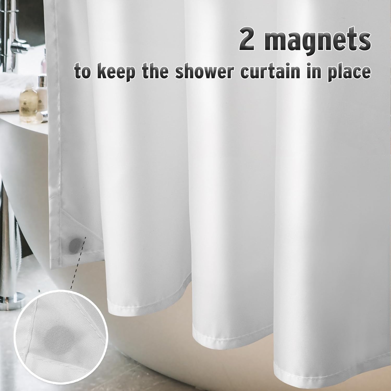 Waterproof Fabric Shower Curtain Liner Washable, Cloth Shower Liner with Magnets, White Shower Liner Soft Fabric