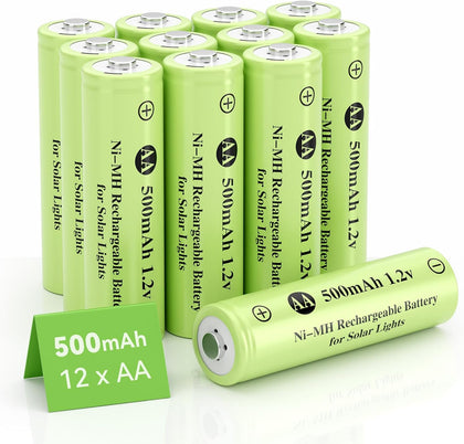 Henreepow Ni-MH Solar AA Rechargeable Batteries, 500mAh 12 Pack | 1000 Cycles, 1.2v Pre-Charged Double AA Battery for