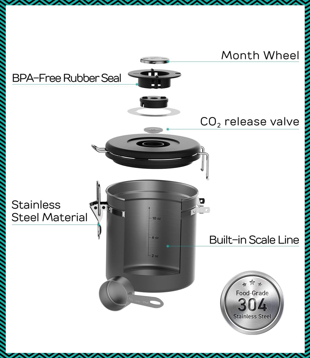 Coffee Canister, 11oz Airtight Stainless Steel Kitchen Food Storage Container with Date-Tracker, CO2-Release Valve
