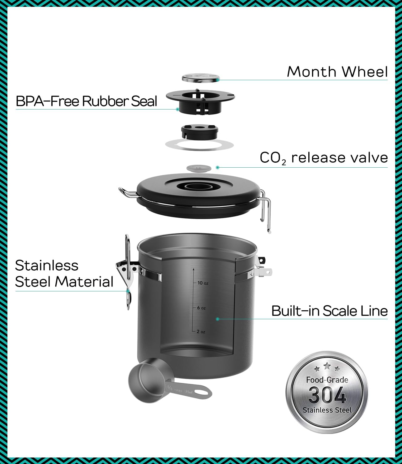 Coffee Canister, 11oz Airtight Stainless Steel Kitchen Food Storage Container with Date-Tracker, CO2-Release Valve