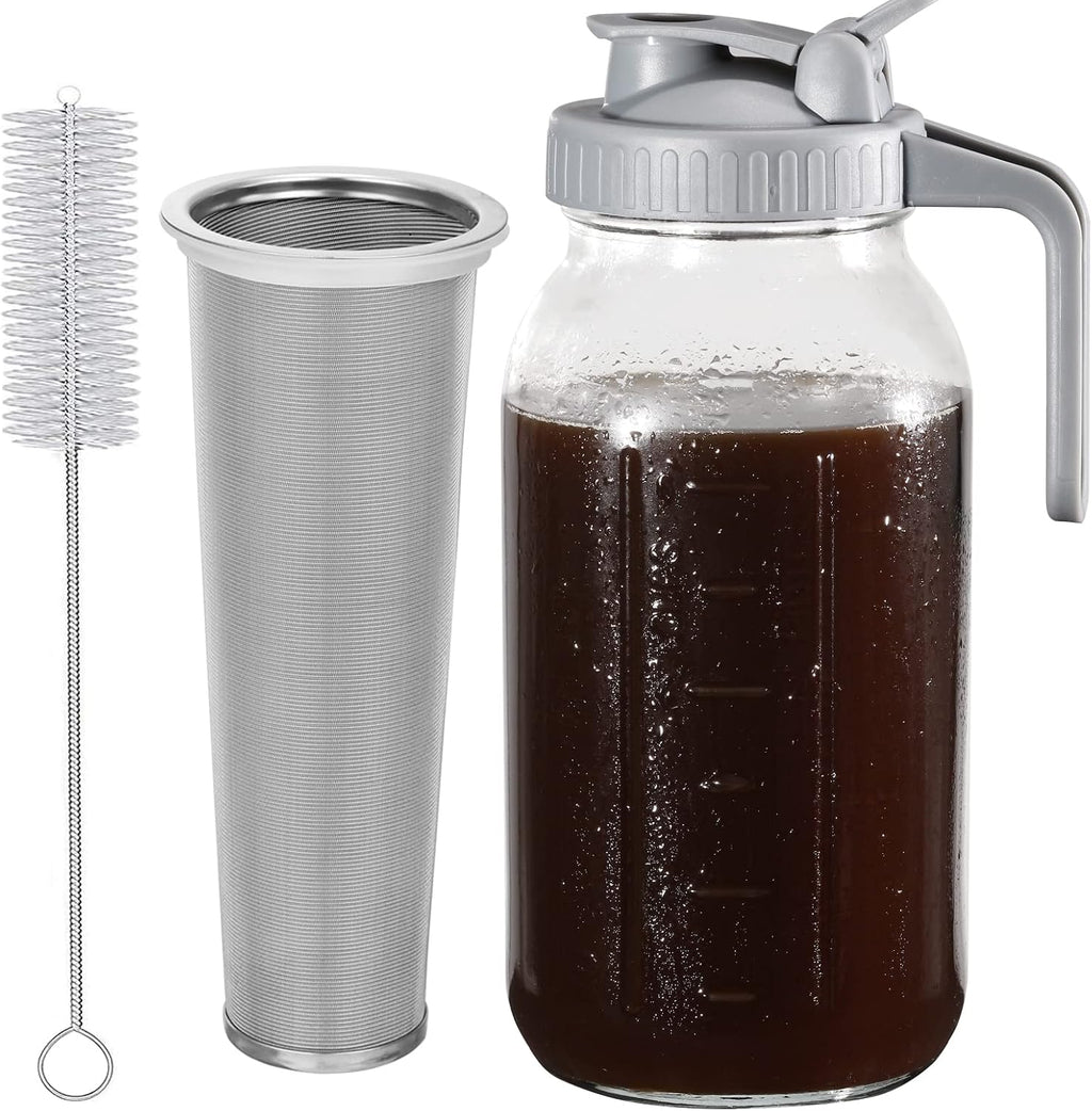 Cold Brew Coffee Maker Pitcher, 64 Oz Heavy Duty Wide Mouth Glass Mason Jar pour spout Lid with Stainless Steel