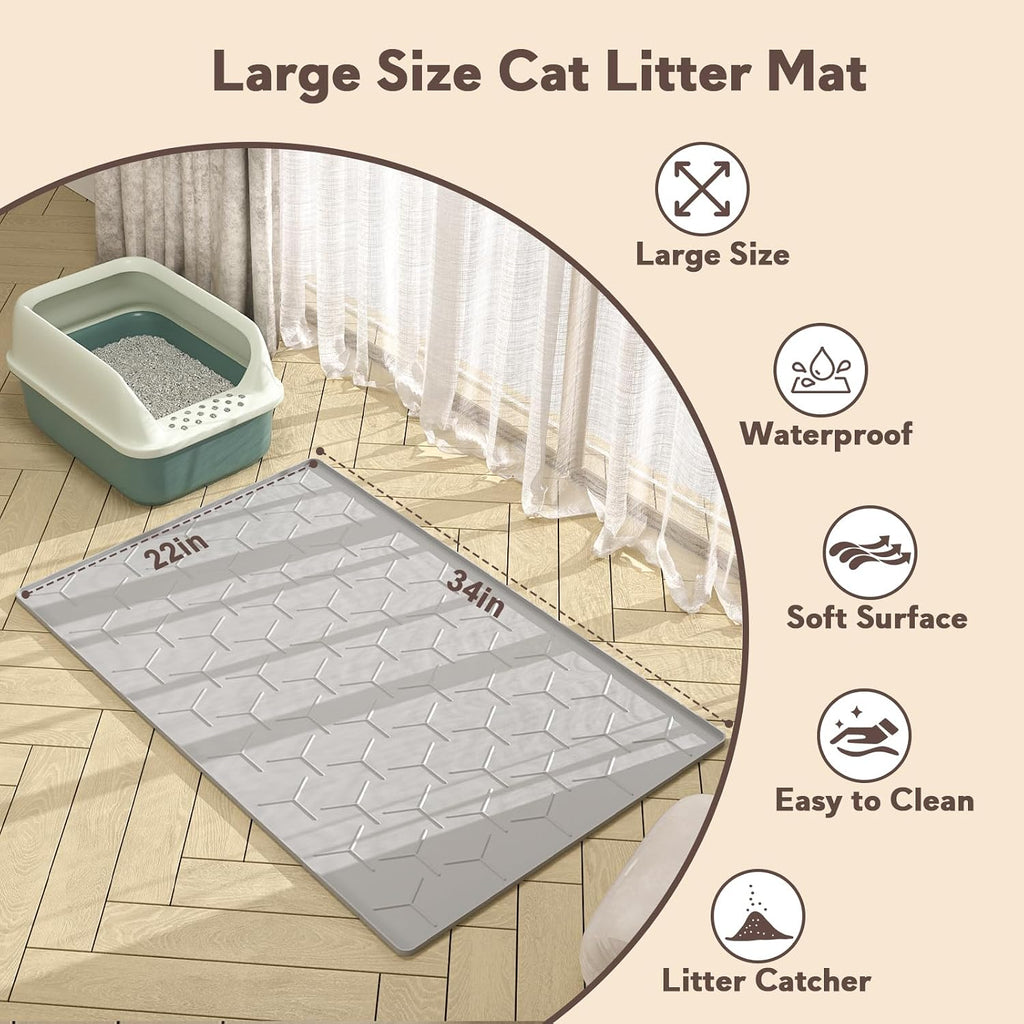 Cat Mat for Litter Box, Large 34.05×22.5 inch Cat Litter Mat, Waterproof Silicone Pad for Floor, Gray