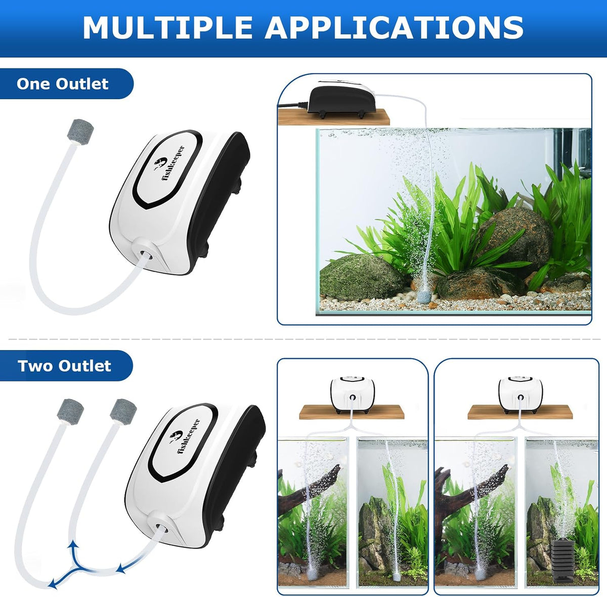 Quiet Aquarium Air Pump, 3W 5W Dual Outlet, Adjustable Bubbler