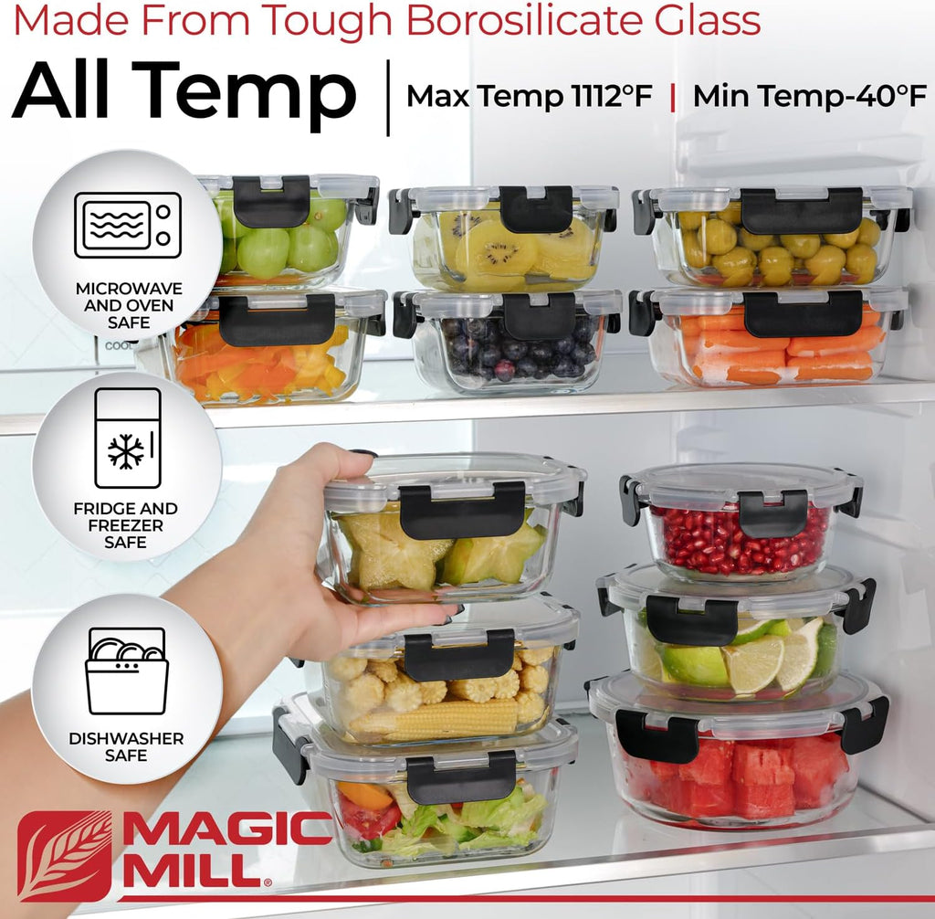 Premium Borosilicate Glass Food Storage Containers with lids Set | 24pc Sets with 12 Bowls & 12 Airtight Locking Lids