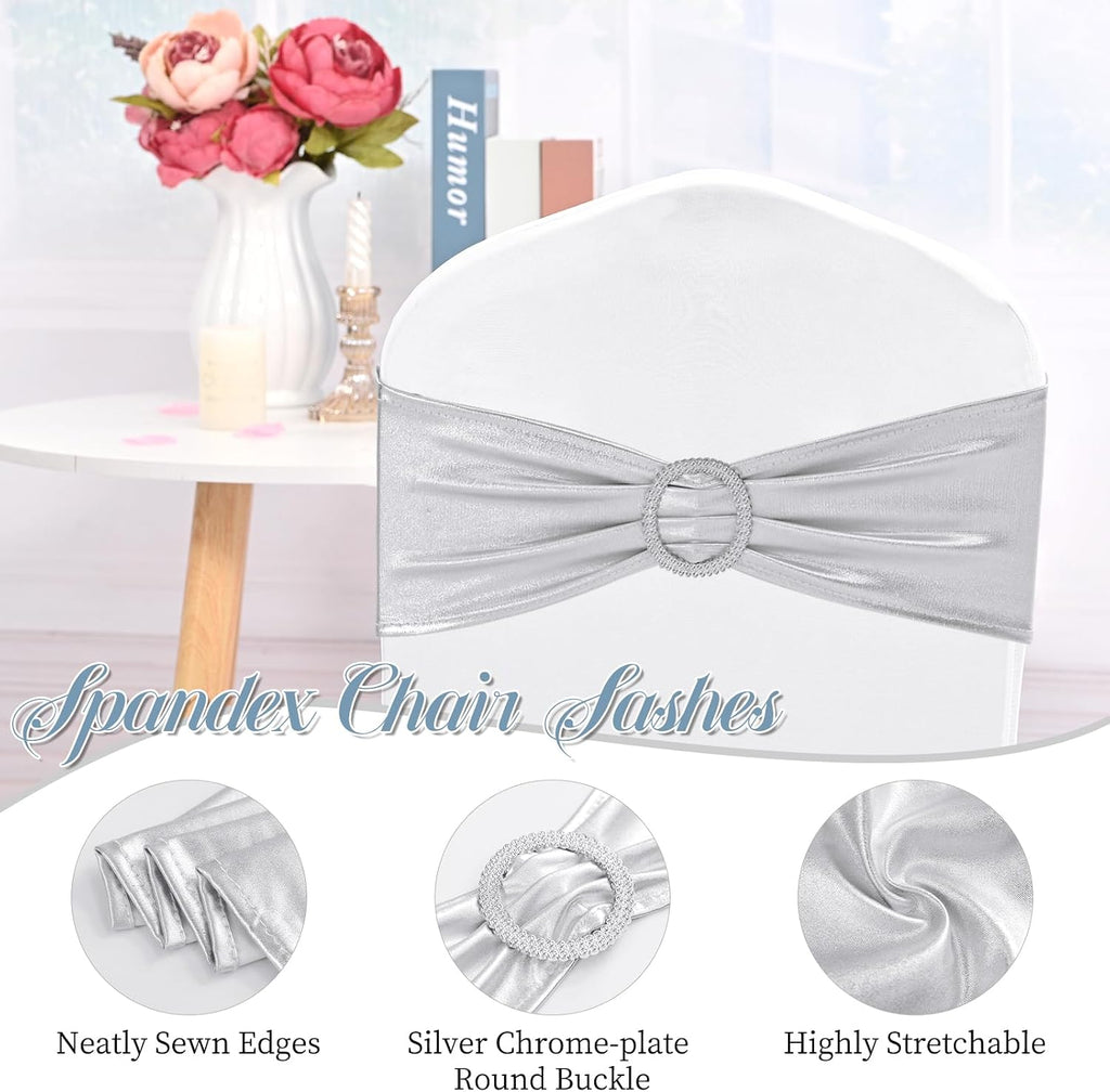 Spandex Chair Sashes Bows 100 PCS Metallic Silver