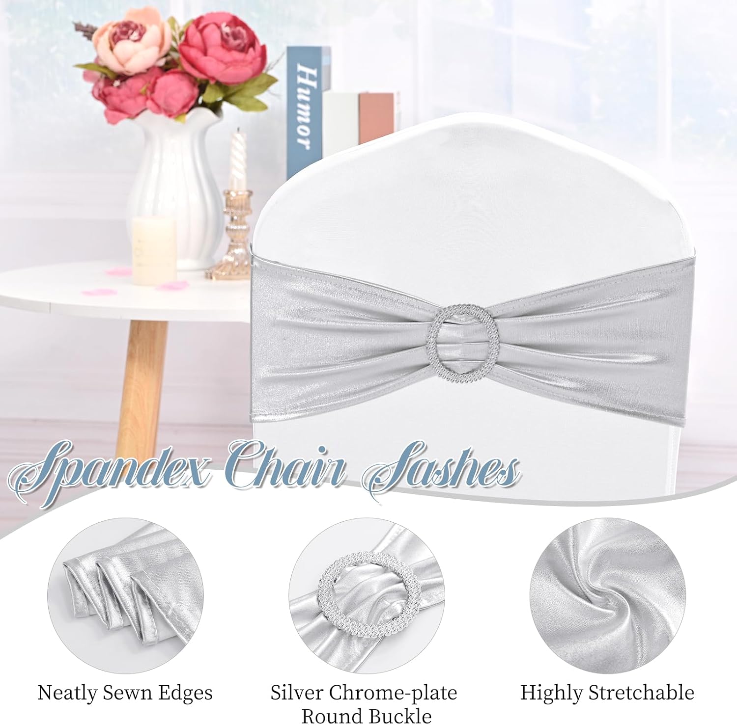 Spandex Chair Sashes Bows 100 PCS Metallic Silver