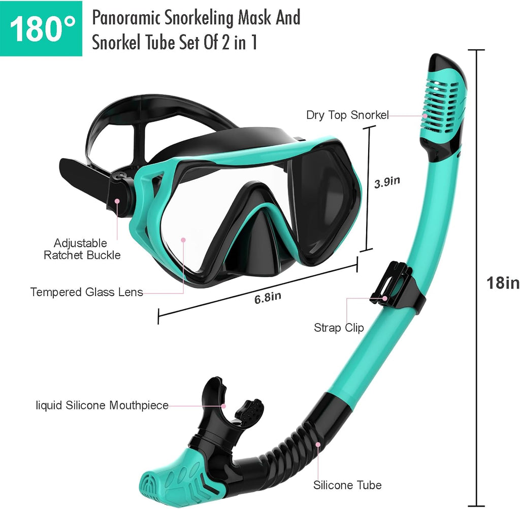 Snorkeling Gear for Adults, JRing Snorkel Mask Set with 180 Degree Tempered Glass Anti Fog Goggles Scuba Dry Top