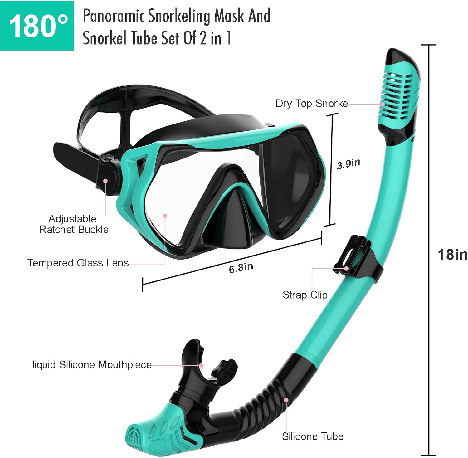 Snorkeling Gear for Adults, JRing Snorkel Mask Set with 180 Degree Tempered Glass Anti Fog Goggles Scuba Dry Top