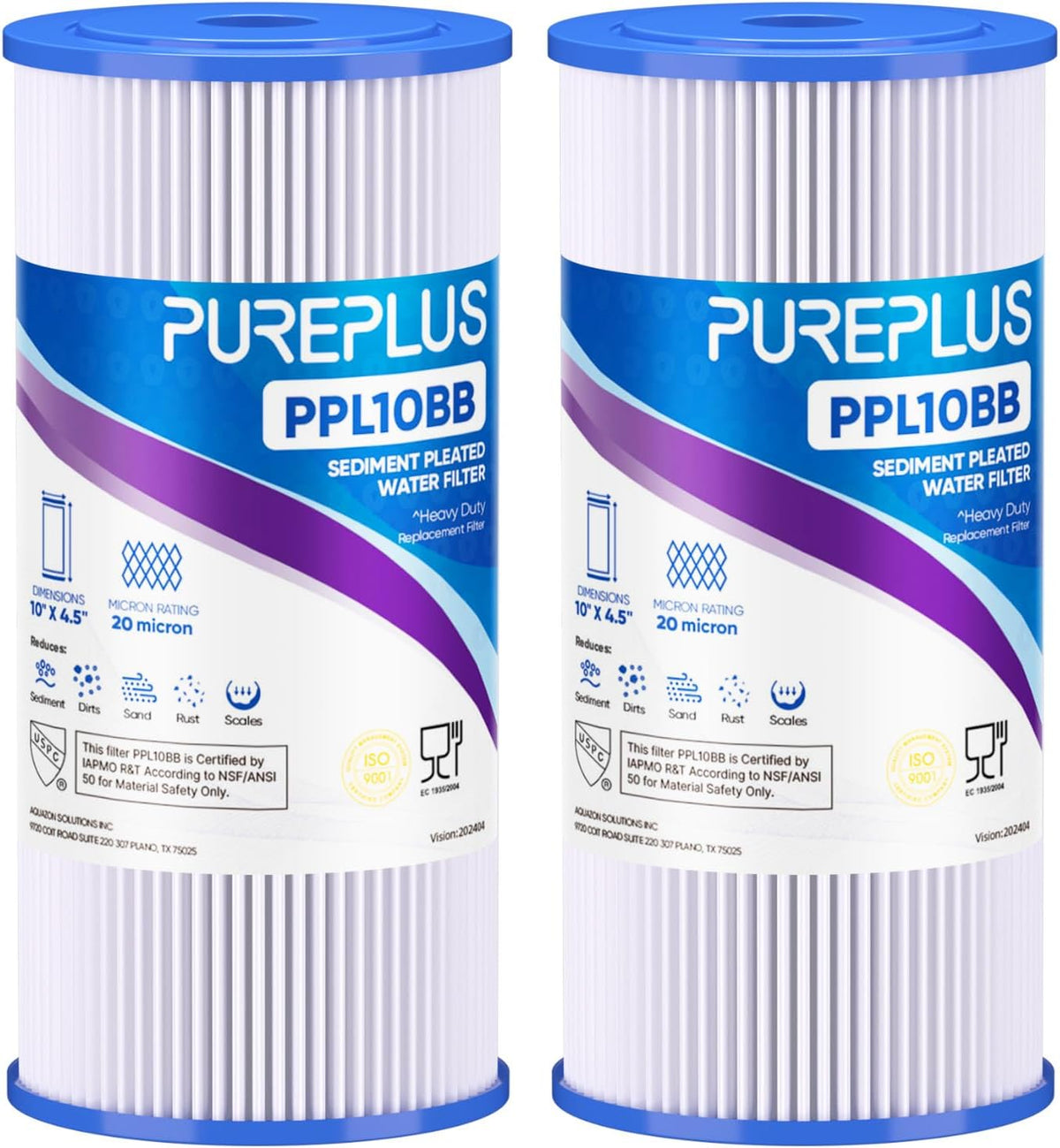 20 Micron 10" x 4.5" Whole House Pleated Sediment Filter,2 Pack