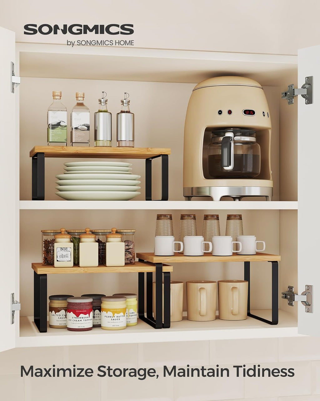 SONGMICS Cabinet Organizer Shelf, Set of 3 Kitchen Counter Shelves, Kitchen Storage, Spice Rack, Stackable