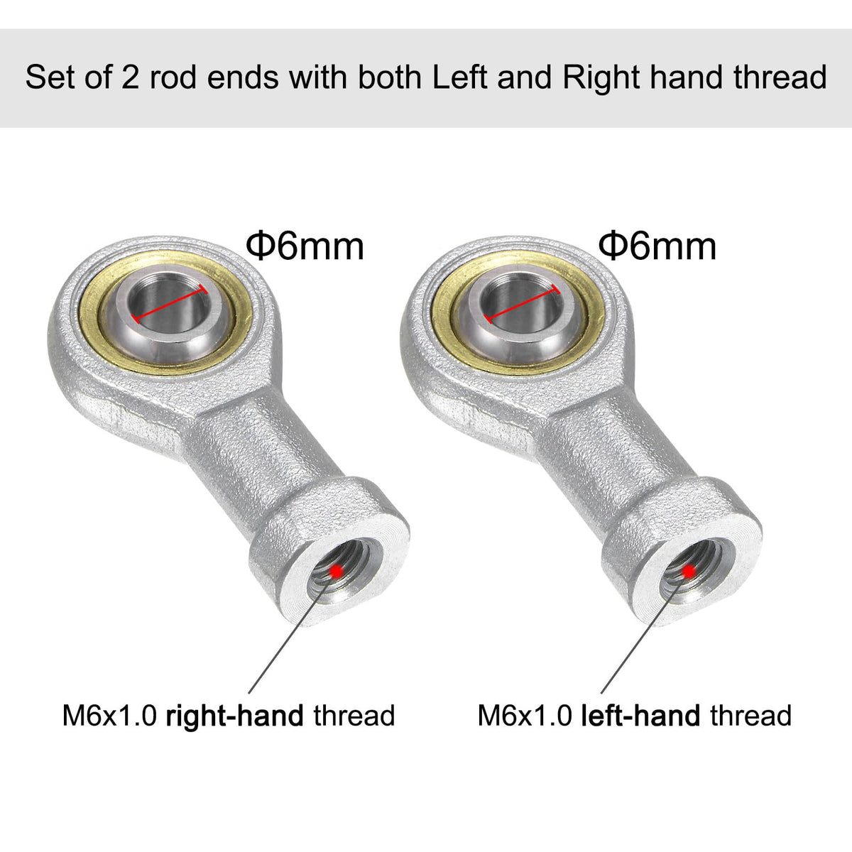 uxcell PHSA6 M6 Female Rod End Bearing Set - 2pcs of M6x1.0 Left and Right Hand Thread Rod Ends with Jam Nuts
