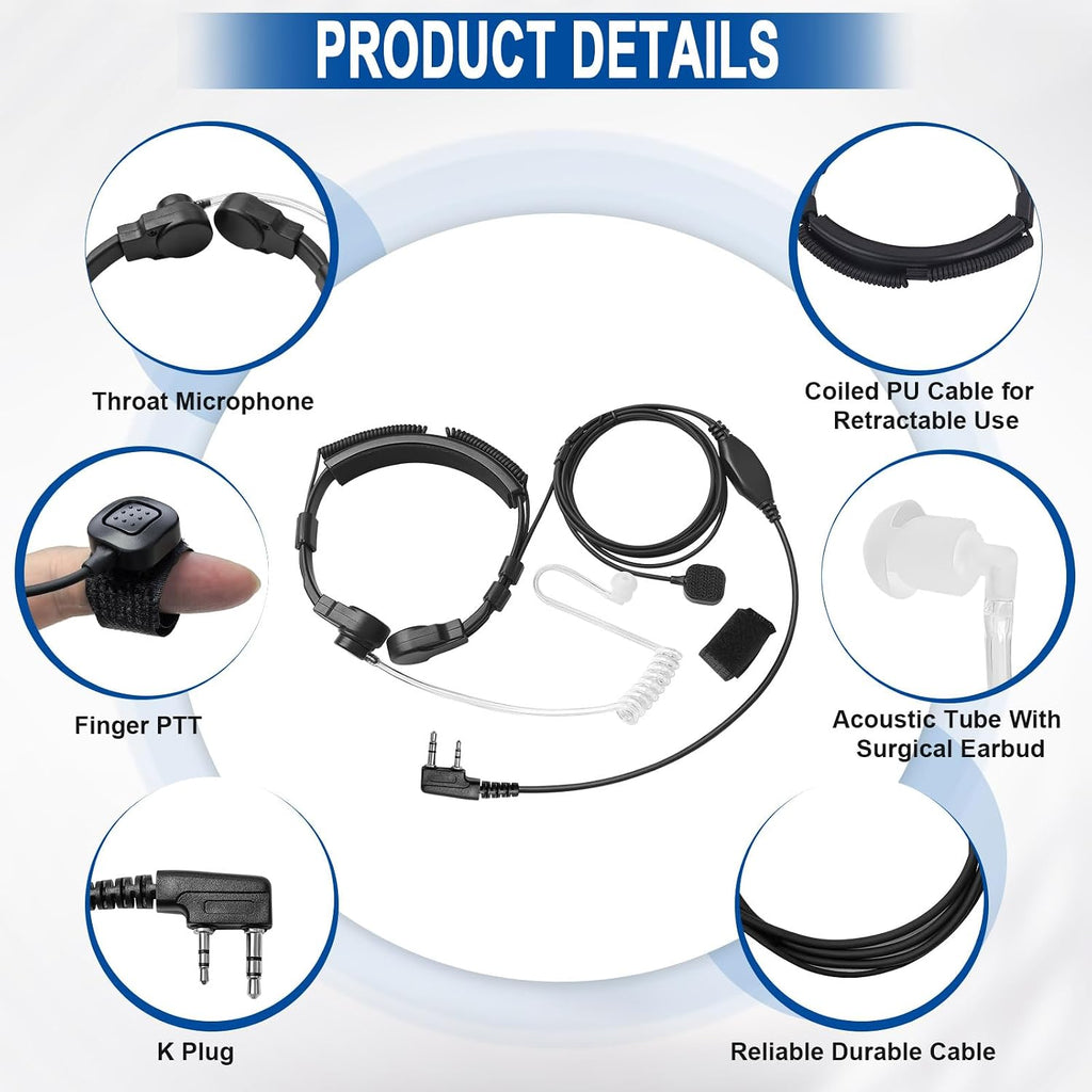Tactical Throat Mic Headset Earpiece for Baofeng UV5R UV5R+ BF-888S | 1-Pack Walkie Talkie Acoutic Tube Earpiece PTT