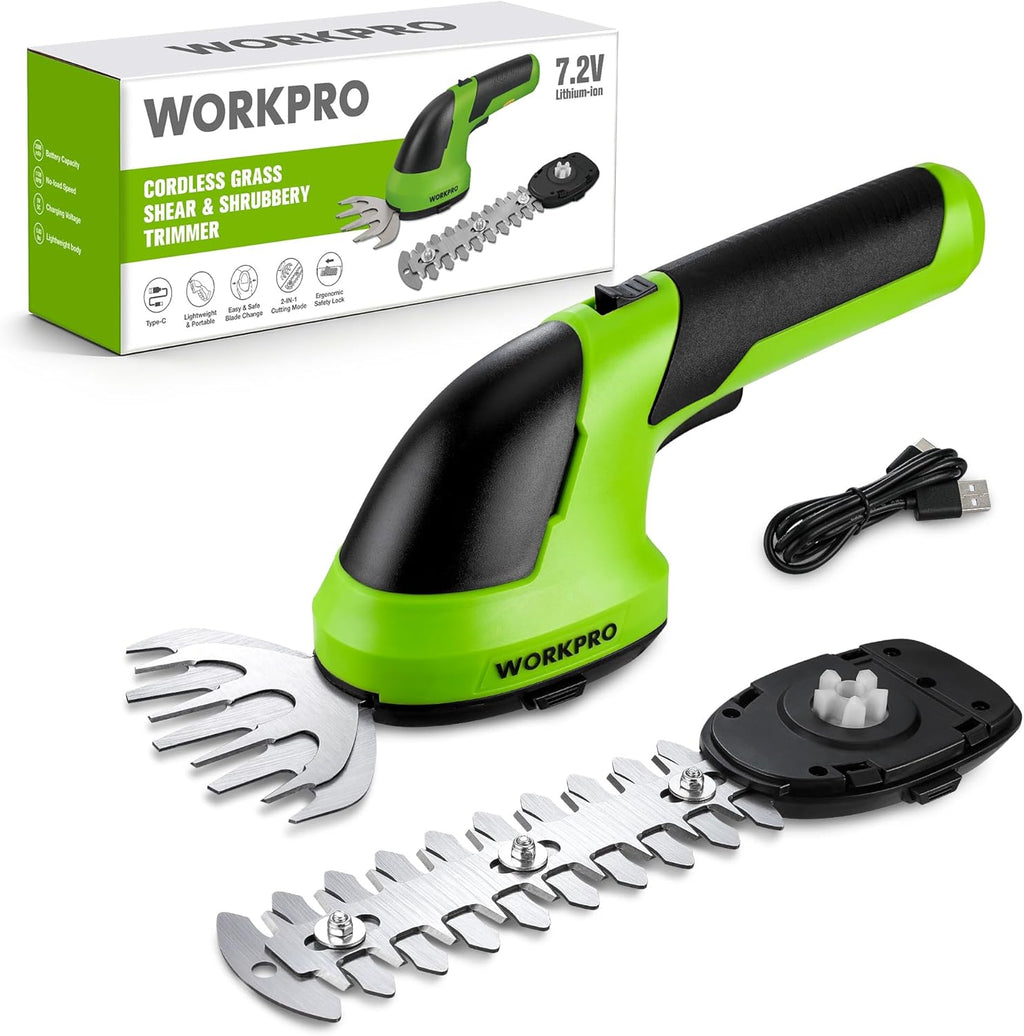 7.2V Cordless Grass Shear & Shrubbery Trimmer | 5.9" Shrub Trimmer & 4.2" Grass Shear, 2.0Ah Rechargeable Lithium-Ion