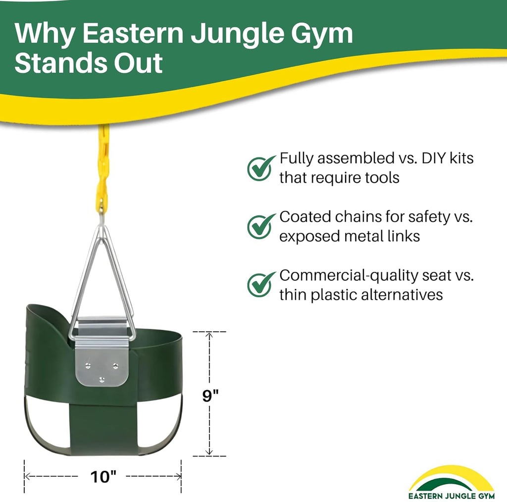 Heavy-Duty High Back Full Bucket Toddler Swing Seat | Coated Swing Chains Fully Assembled | Green Swing Set Accessory