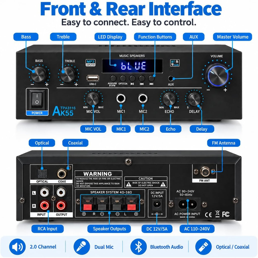 AK55 Stereo Amplifier Home Audio, Bluetooth 5.0 Max 600W Power Stereo Receivers 2.0 Channel Audio Amplifier for