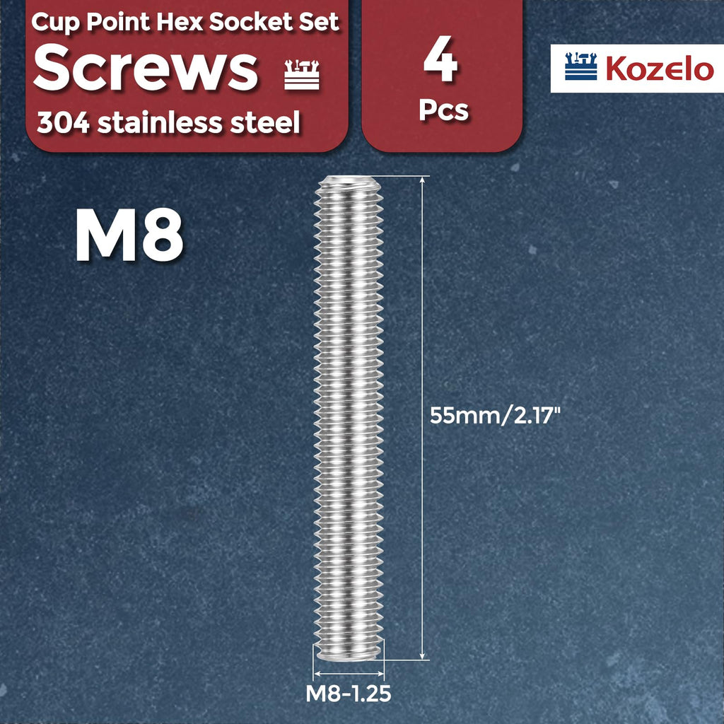 Kozelo 4pcs Cup Point Hex Socket Set Screws-M8-1.25x55mm 304 SS