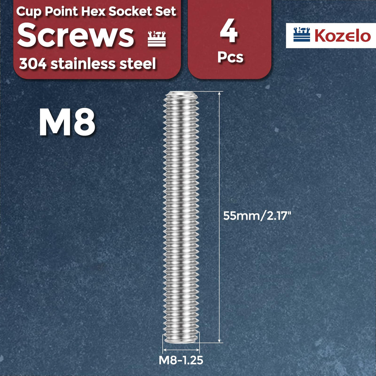 Kozelo 4pcs Cup Point Hex Socket Set Screws-M8-1.25x55mm 304 SS
