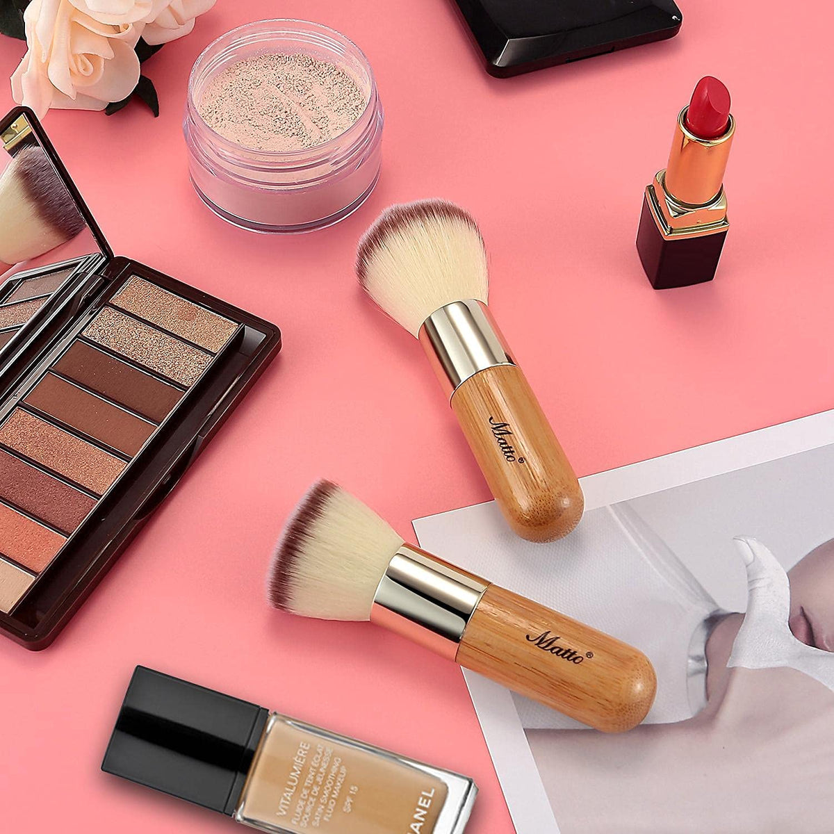 2-Piece Short Makeup Brush Set with Powder and Foundation Brushes